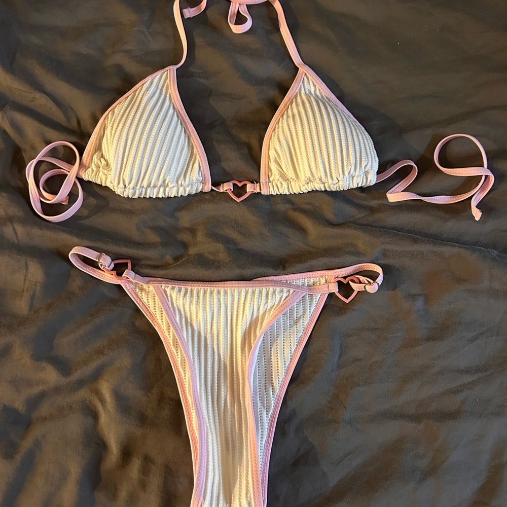 White and Pink Striped Bikini Set